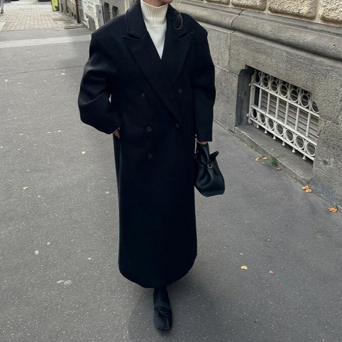 Manteau Femme Automne-Hiver – Long en Laine, Col Tailleur, Style Chic & Décontracté