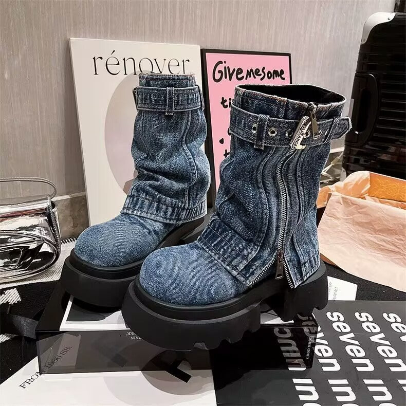 Bottes Martin en Jean pour Femme – Style Moto, Bout Rond, Talon Bas