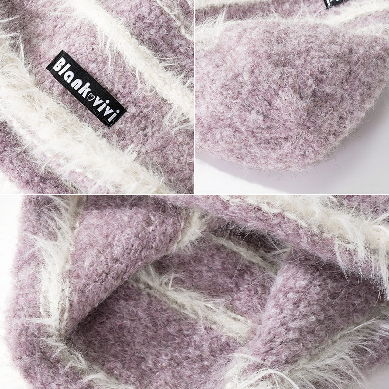 Bonnet Chaud Hiver Coréen – Tricoté Rayé Multicolore en Coton Doux