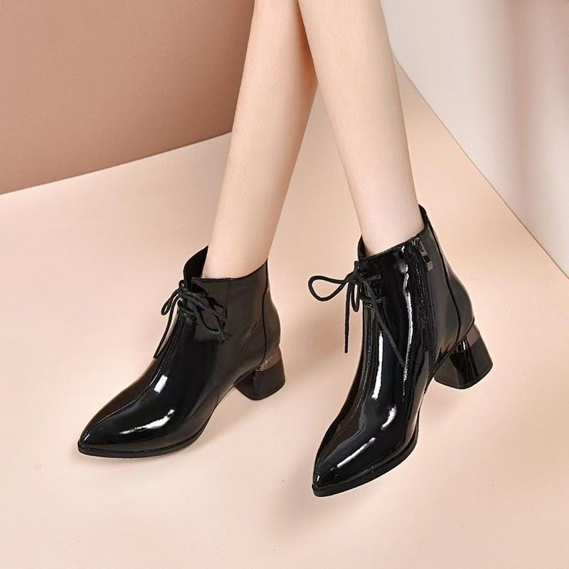Bottines Martin Femme Élégantes – Talon Épais, Bout Pointu, Cuir Vernis PU, Automne Hiver