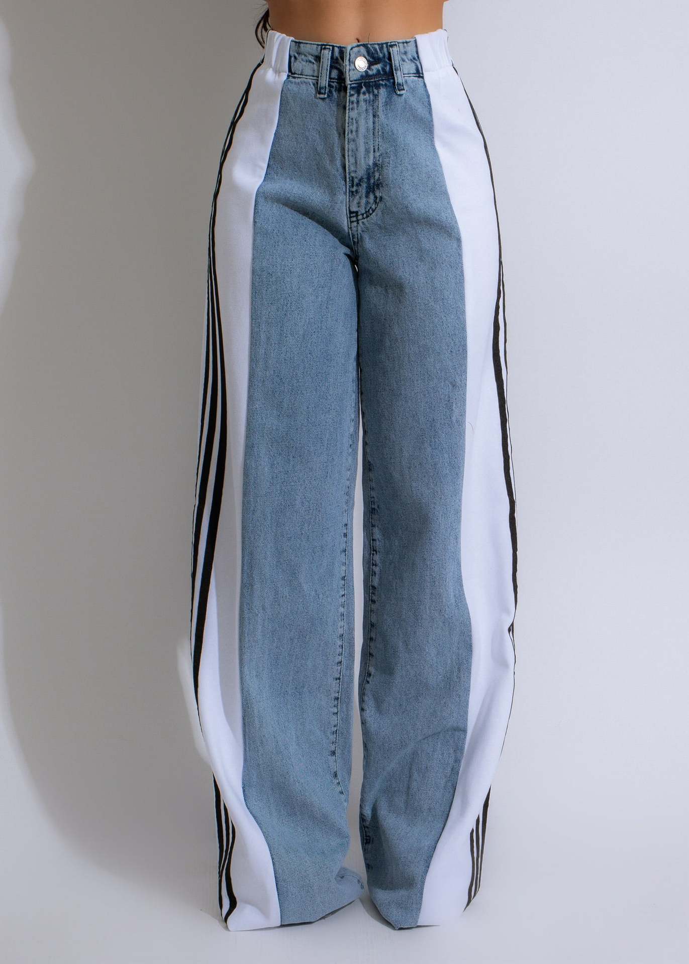 Jean Femme Streetwear – Taille Haute, Coupe Large, Patchwork 3 Bandes, Denim Casual
