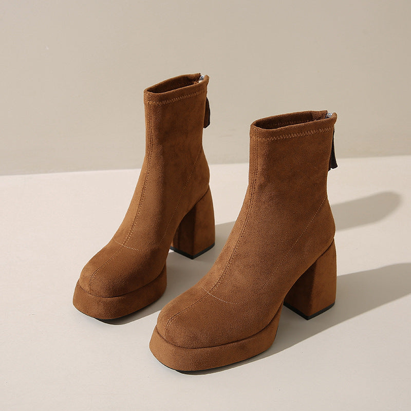 Bottes Femme en Suédine – Fermeture Éclair Arrière, Talon Épais, PU, Tailles 34–40