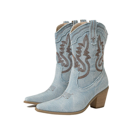 Bottes Femme à Talon Épais – Style Élégant & Confortable – Bleu & Bleu Clair