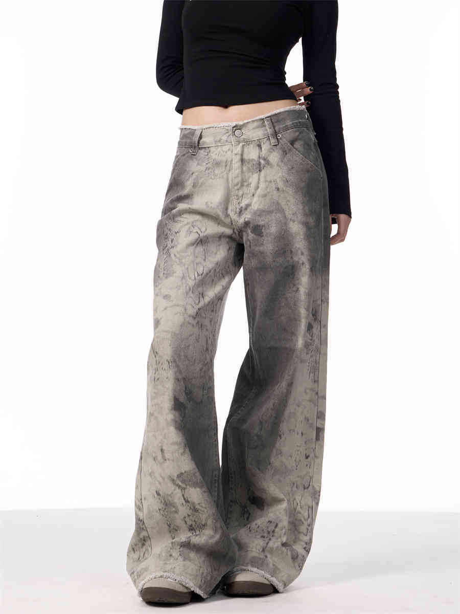 Jean Femme High Street – Coupe Large, Taille Naturelle, Motif Serpent Imprimé, Effet Usé