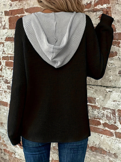 Hoodie Femme Color Block – Sweat à Capuche Boutonné avec Cordon de Serrage, Manches Longues