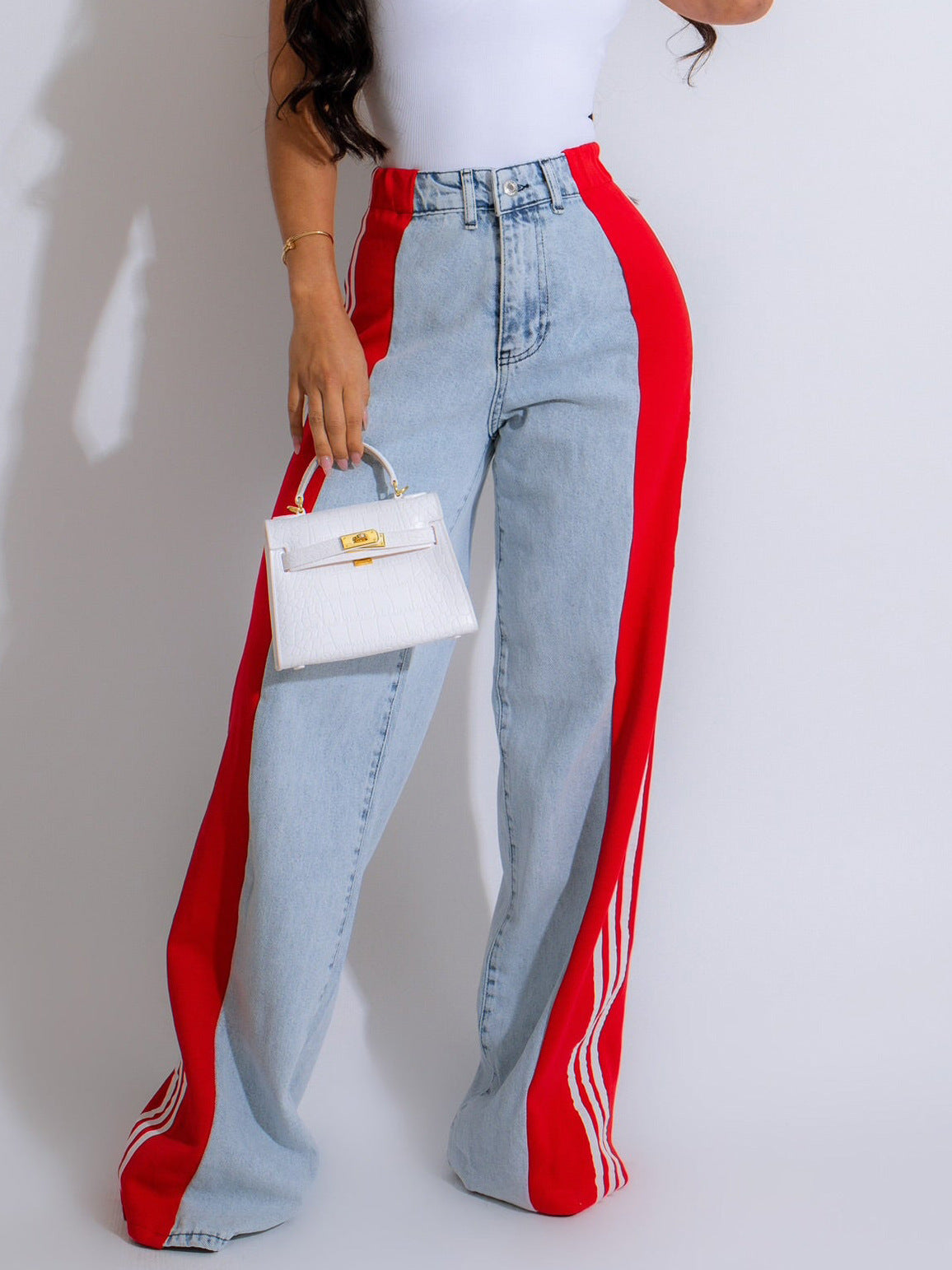 Jean Femme Streetwear – Taille Haute, Coupe Large, Patchwork 3 Bandes, Denim Casual
