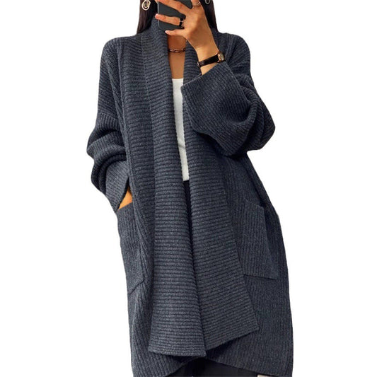 Cardigan Femme Élégant en Maille Polyester Épaisse avec Poche - Coupe Ample - S à XL