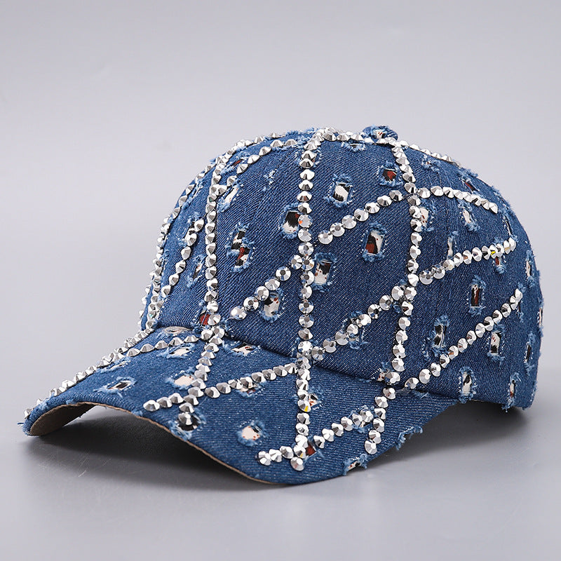 Casquette Baseball Femme – Denim à Strass et Effet Déchiré – Taille Ajustable