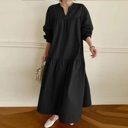 Robe Femme Swing à Col V – Manches Chemise, Style Rétro, Coton & Lin
