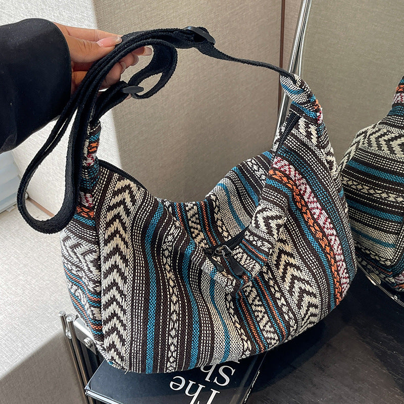 Grand Sac Bandoulière Femme – Style Ethnique à Grande Capacité en Toile Forme Dumpling