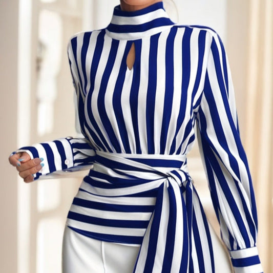 Top Femme Rayé – Manches Longues, Col Rond, Style Décontracté