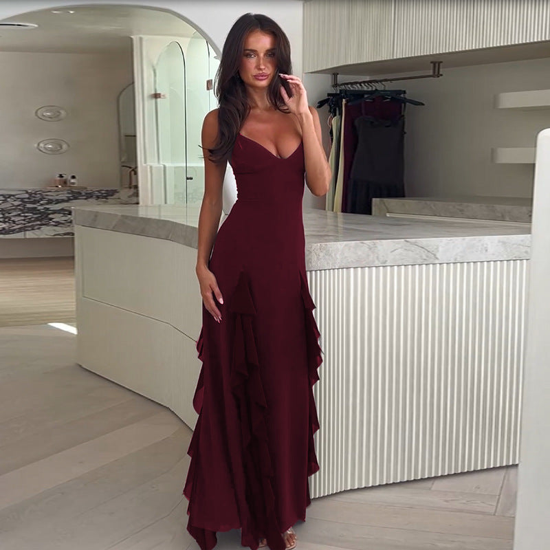 Robe Fendue à Bretelles Femme – Col V Élégant, Volants & Style Vacances