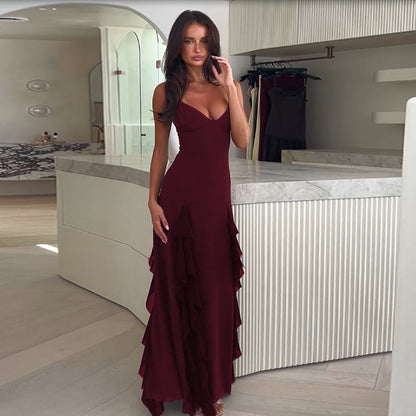 Robe Fendue à Bretelles Femme – Col V Élégant, Volants & Style Vacances