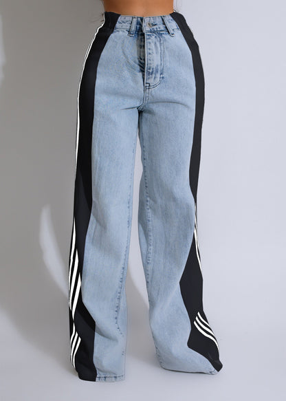 Jean Femme Streetwear – Taille Haute, Coupe Large, Patchwork 3 Bandes, Denim Casual