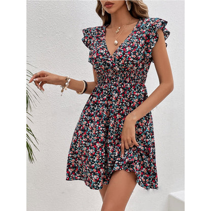 Robe Femme à Volants – Imprimé Floral, Taille Mi-haute, Manches Courtes