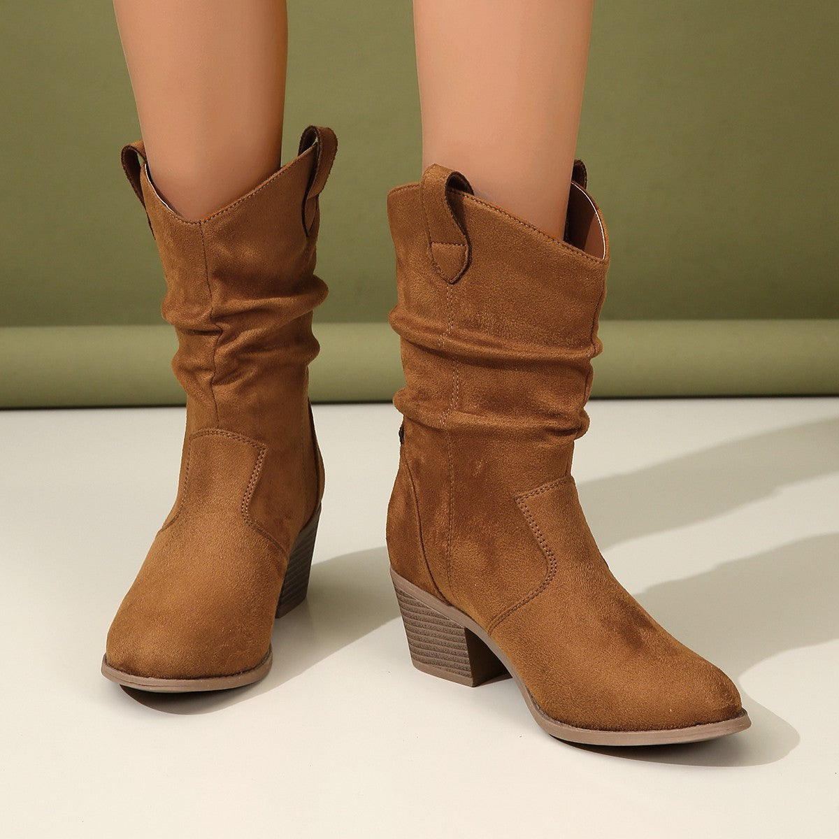 Bottes Femme Style Rétro Western – Mi-Mollet, Bout Pointu, Talon Épais, Tissu