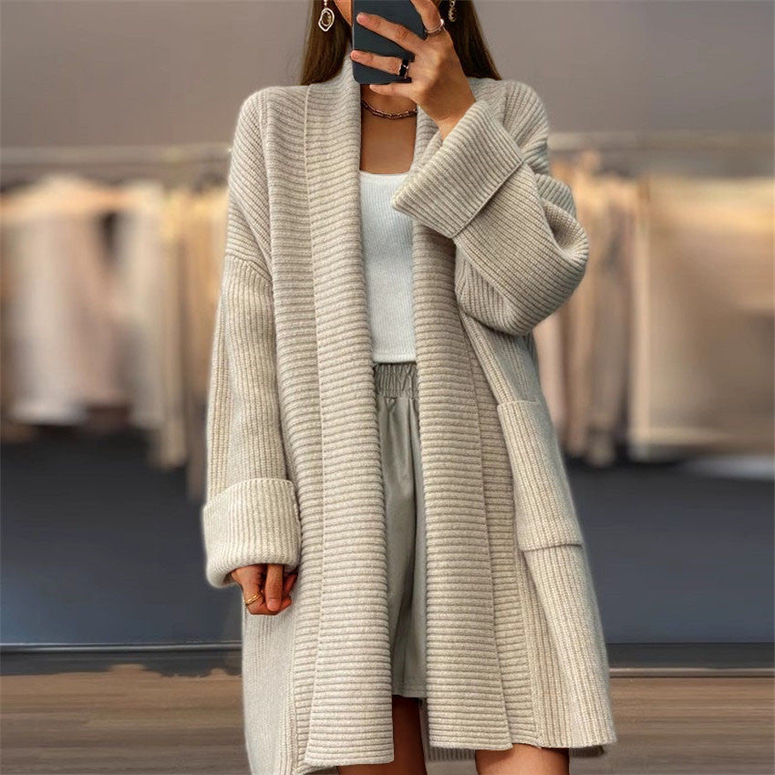 Cardigan Femme Élégant en Maille Polyester Épaisse avec Poche - Coupe Ample - S à XL