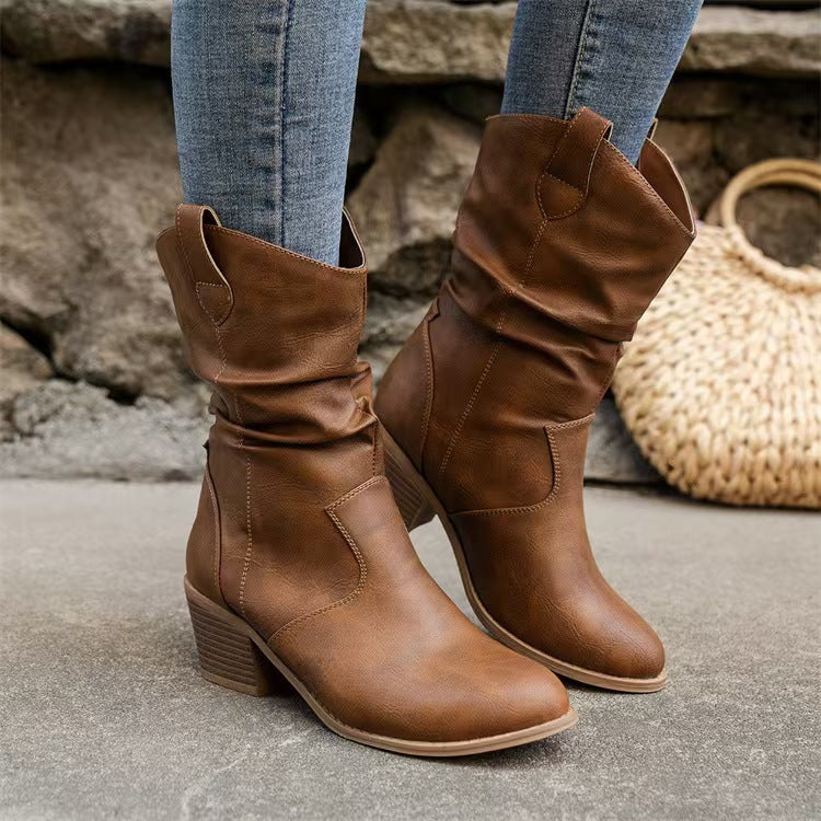 Bottes Femme Style Rétro Western – Mi-Mollet, Bout Pointu, Talon Épais, Tissu