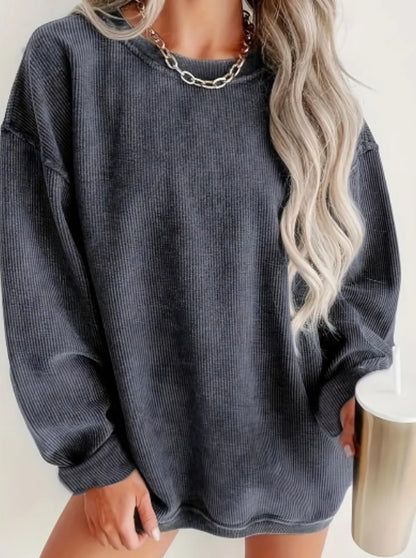 Sweatshirt Femme à Col Rond – Côtelé, Manches Longues, Couleur Unie, Avec Cordons