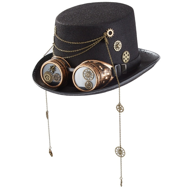 Chapeau Steampunk Punk – Topper à Couronne Plate – Feutre et Laine – Taille M