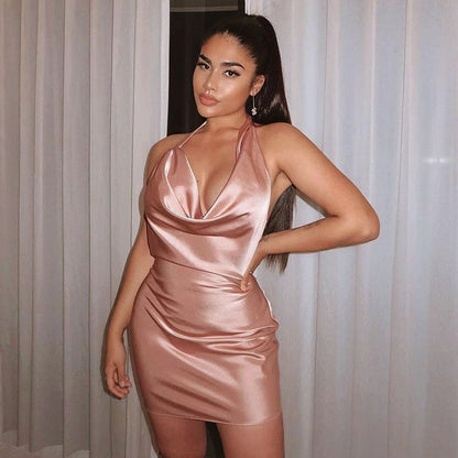 Robe de Fête en Satin Femme – Col V, Dos Nu, Mini Robe Sans Manches