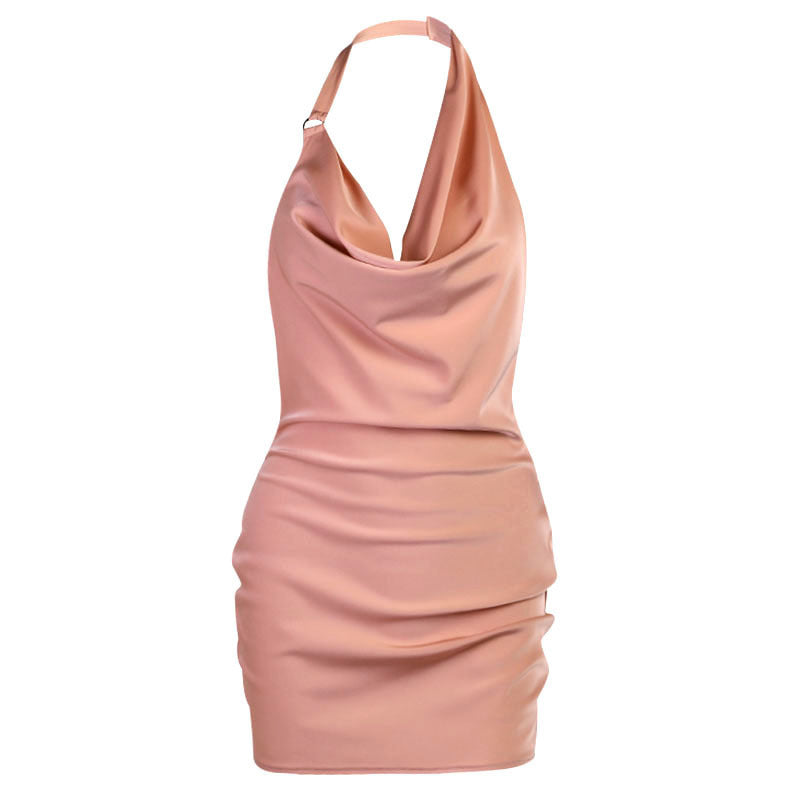 Robe de Fête en Satin Femme – Col V, Dos Nu, Mini Robe Sans Manches