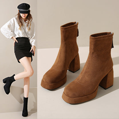 Bottes Femme en Suédine – Fermeture Éclair Arrière, Talon Épais, PU, Tailles 34–40