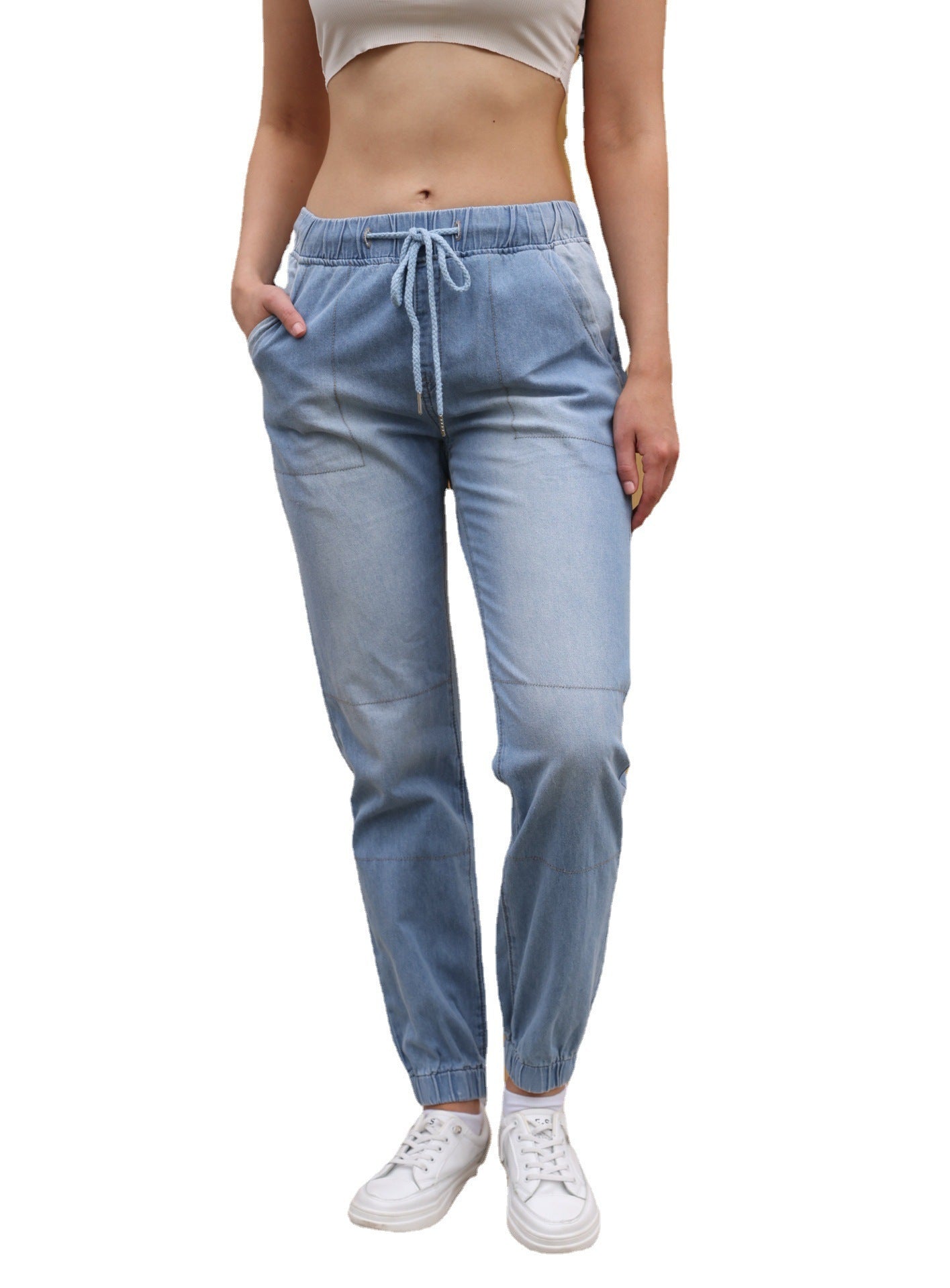 Jean Décontracté Femme Bleu Clair – Taille Élastique avec Cordon, Coupe Droite Confortable