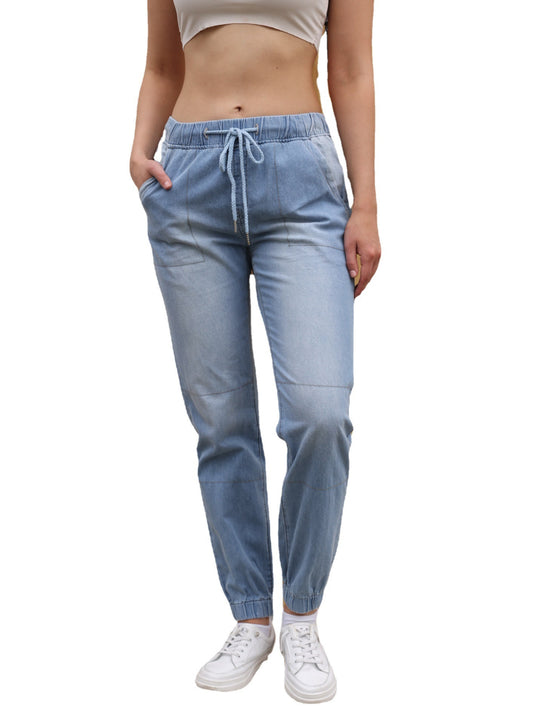Jean Décontracté Femme Bleu Clair – Taille Élastique avec Cordon, Coupe Droite Confortable