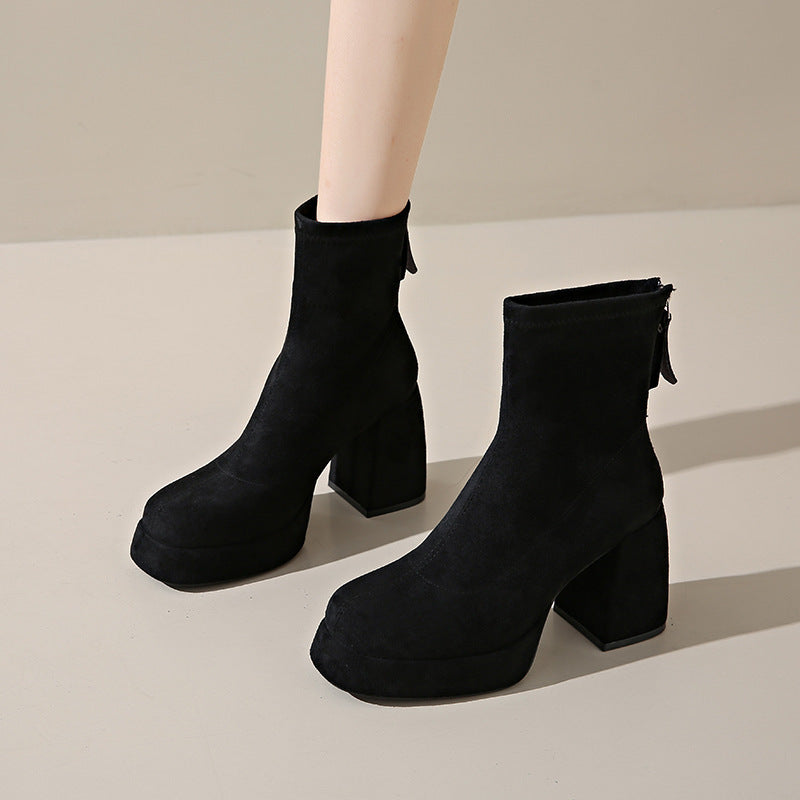 Bottes Femme en Suédine – Fermeture Éclair Arrière, Talon Épais, PU, Tailles 34–40