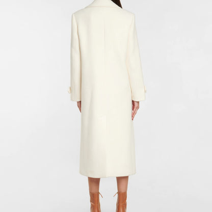 Manteau Femme Élégant à Revers – Blanc, Double Boutonnage, Mi-long