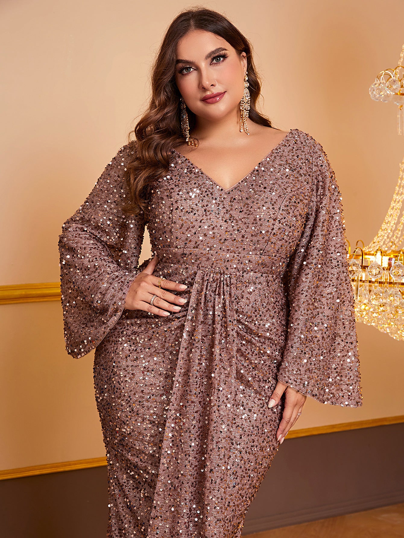 Robe Longue Femme à Paillettes – Manches Longues Volants, Col V Plissé, Style Élégant