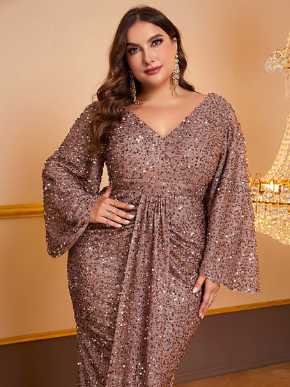 Robe Longue Femme à Paillettes – Manches Longues Volants, Col V Plissé, Style Élégant