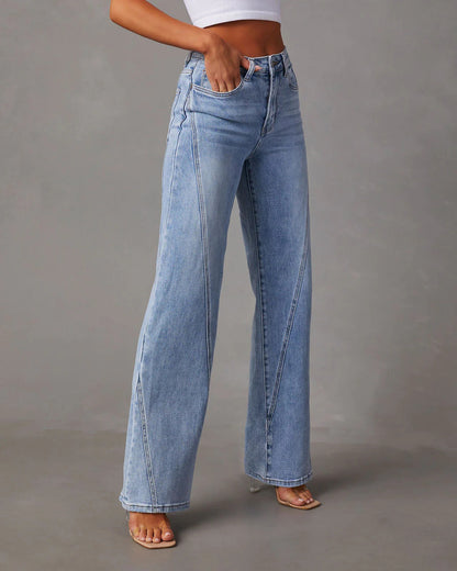 Jean Femme Large – Patchwork Denim, Taille Mi-haute, Style Casual Japonais et Coréen