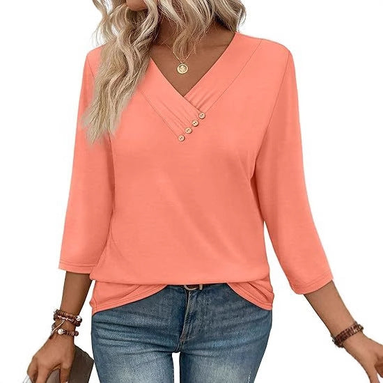 T-shirt Femme Automne – Col V Boutonné, Manches Longues, Style Décontracté Chic