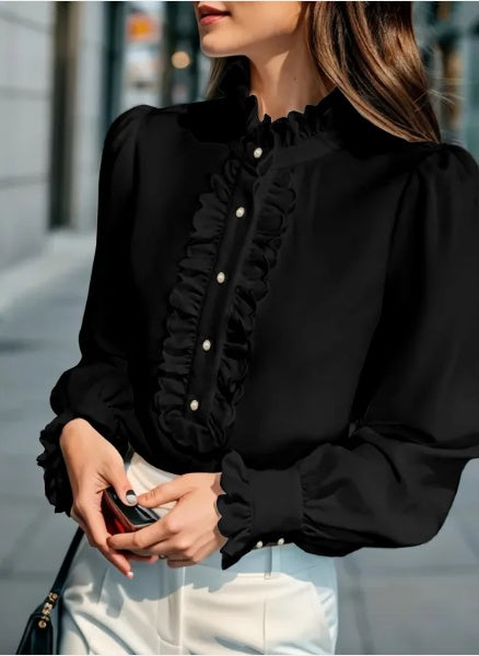Chemisier Femme Col Montant – Manches Longues avec Ourlet Volanté, Style Chic