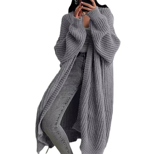 Gilet Long Tricoté Femme avec Poches – Cardigan à Manches Lanternes