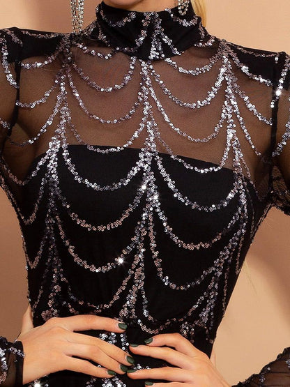 Robe Maxi Femme à Sequins – Manches Longues, Robe de Soirée, Noir & Or