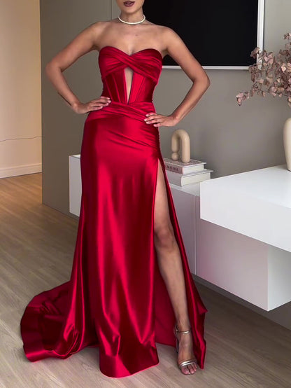 Robe Longue de Soirée Rouge – Tube Top avec Fente Élégante
