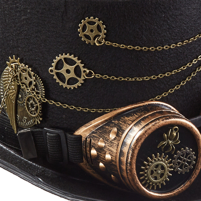 Chapeau Steampunk Punk – Topper à Couronne Plate – Feutre et Laine – Taille M