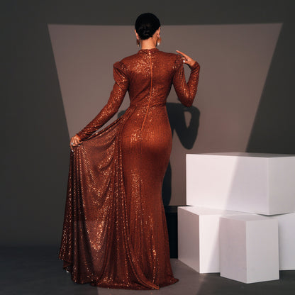 Robe Longue de Soirée à Paillettes – Manches Longues, Col Rond, Slim et Élégante