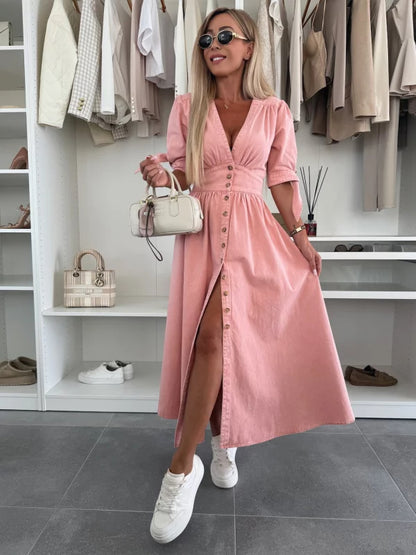 Robe Longue en Jean à Boutons – Col V & Manches Courtes Style Décontracté