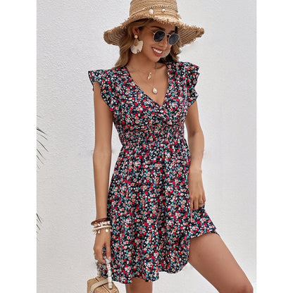 Robe Femme à Volants – Imprimé Floral, Taille Mi-haute, Manches Courtes