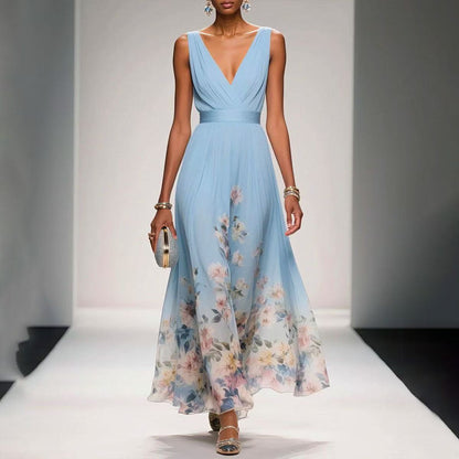 Robe Femme Chiffon Imprimée – Sans Manches, A-Line Longue, Style Sexy