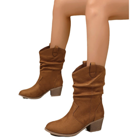 Bottes Femme Style Rétro Western – Mi-Mollet, Bout Pointu, Talon Épais, Tissu