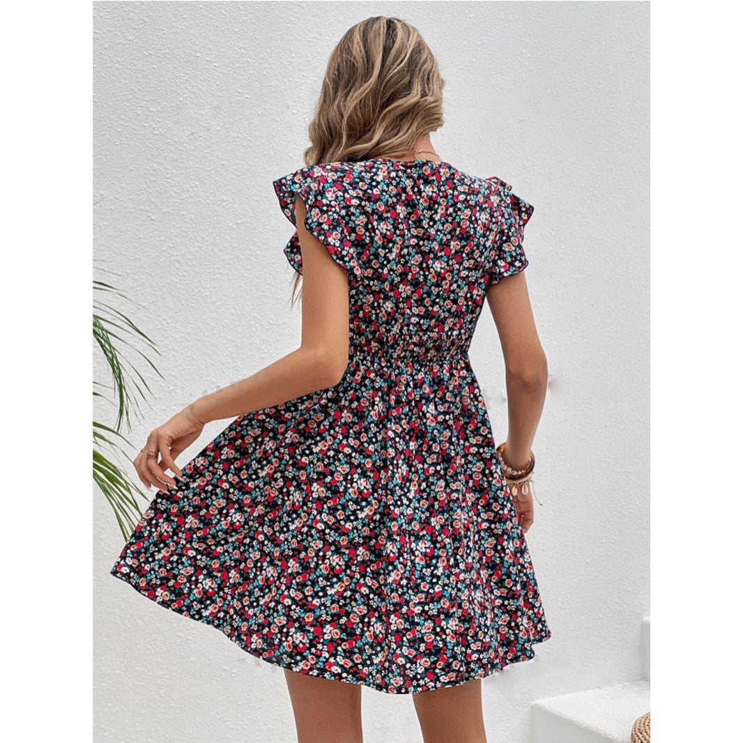Robe Femme à Volants – Imprimé Floral, Taille Mi-haute, Manches Courtes