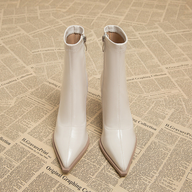 Bottes Blanches Fines Femme Automne Hiver – Talons Hauts 6–8 cm, Fermeture Éclair Latérale