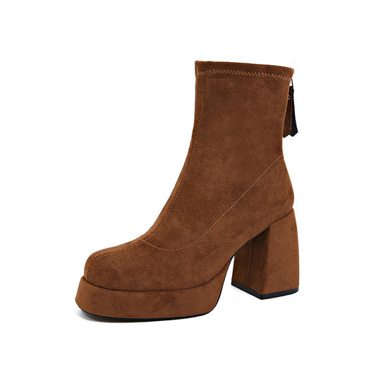 Bottes Femme en Suédine – Fermeture Éclair Arrière, Talon Épais, PU, Tailles 34–40
