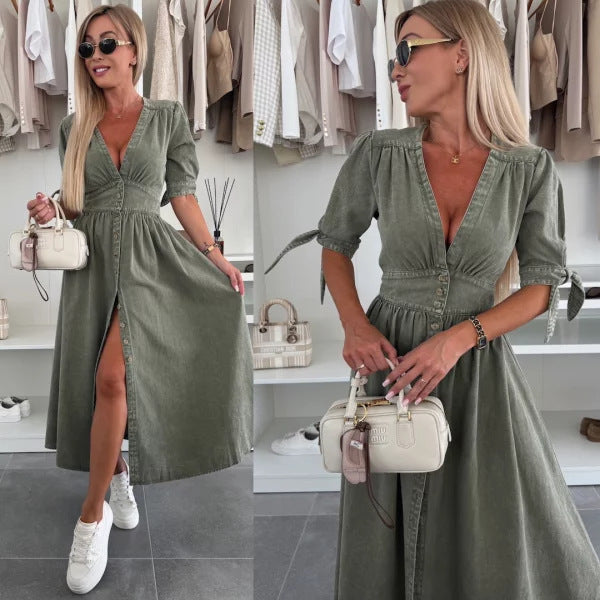 Robe Longue en Jean à Boutons – Col V & Manches Courtes Style Décontracté