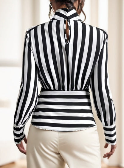 Top Femme Rayé – Manches Longues, Col Rond, Style Décontracté